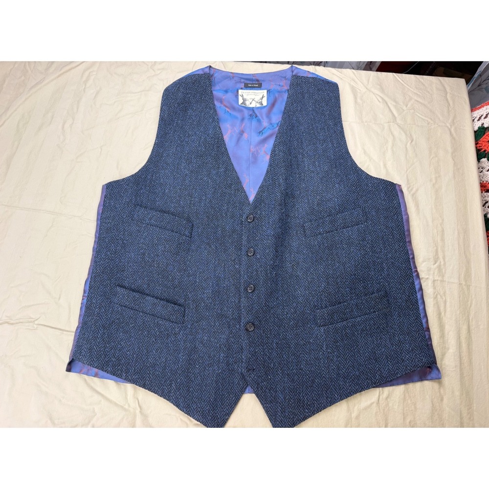 Peter Christian Harris Tweed Blue Herringbone Wool Waistcoat Vest Mens 50R MW22